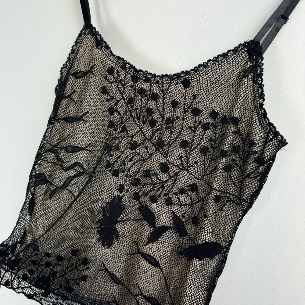 Vintage Y2K Black Lace Mesh Overlay Cami Tank Top Sz Medium - Picture 6 of 13